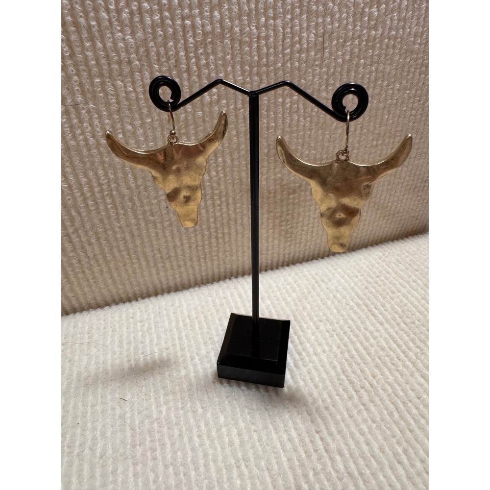 Gold Hammered Bull Head Dangle Earrings Western Southwestern Statement Jewelry
